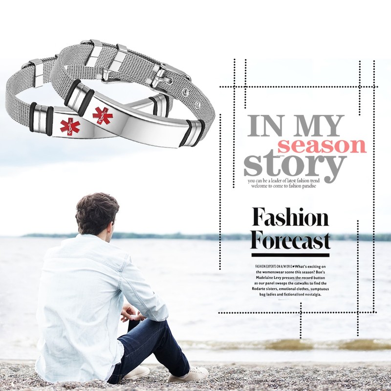 Custom Medical Alert ID Mesh Bracelet Emergency Conditions Allergies Diabetic gallery