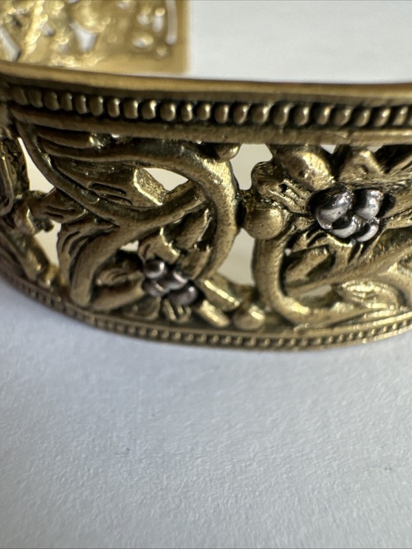 Vintage Cuff Braclet Marked GA Antiqued Brass Looking And Silver Accents 7” gallery