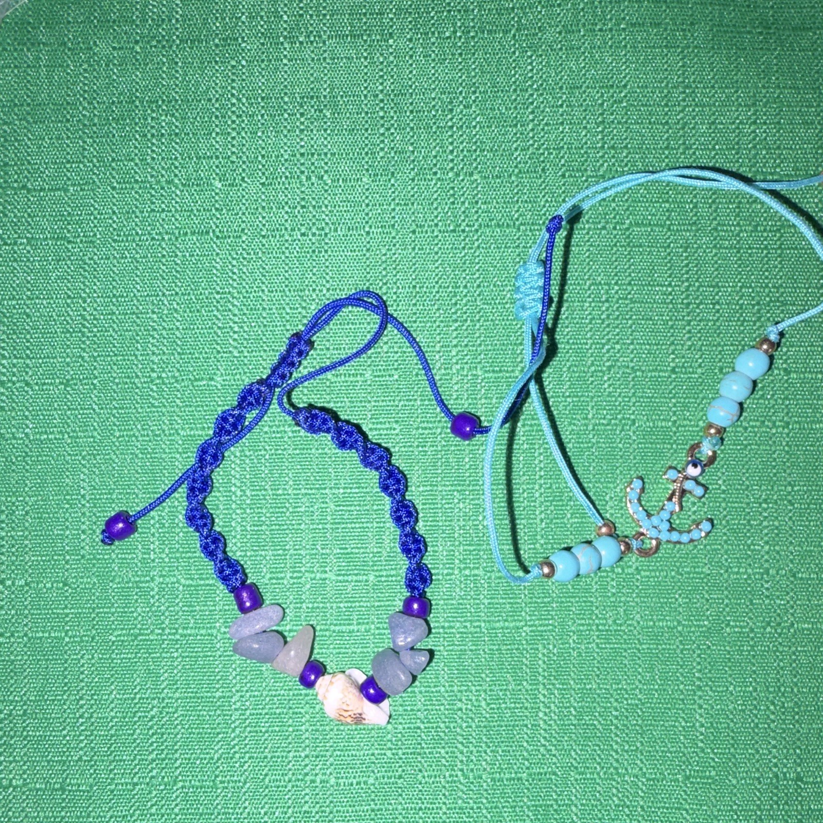 Lot of 2 Blue Light Blue Beaded Cord Adjustable Bracelets Slide Closure gallery