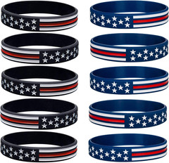 10 Pack American Flag Bracelets -Thin Red Line Silicone Rubber Wristband Stretch