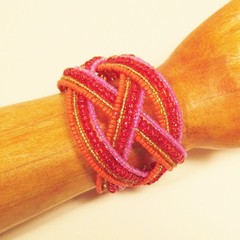 2″ Wide Pink Orange Boho Handmade Statement Braided Seed Bead Bali Cuff Bracelet