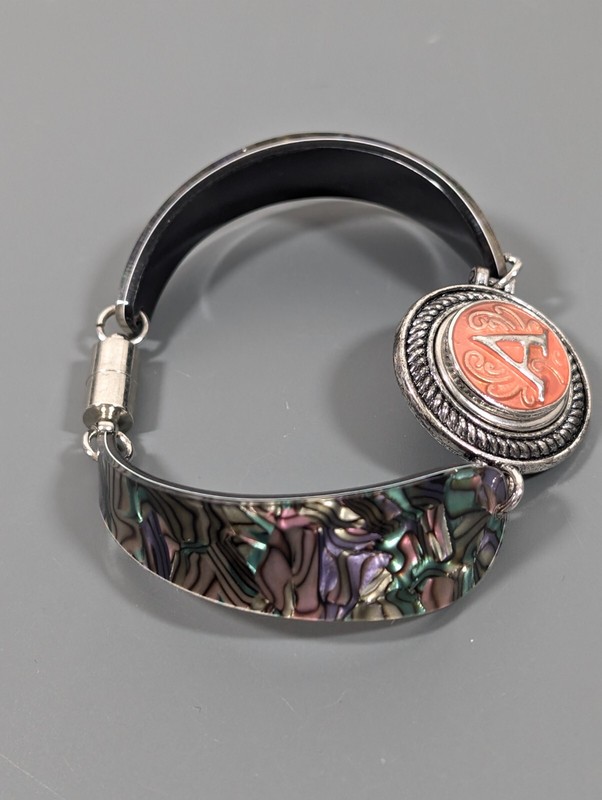Faux Abalone Shell Initial Letter A Snap Charm Magnetic Clasp Bracelet 7 in gallery