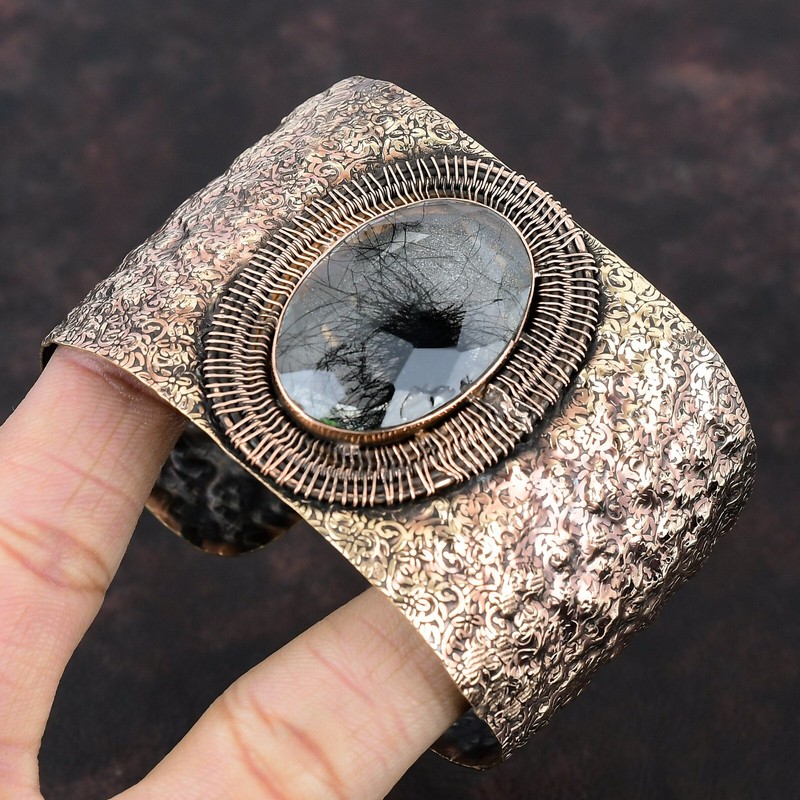 Valentines Sale Natural Black Rutile Copper Wire Wrapped Daughter Bangle Jewelry gallery