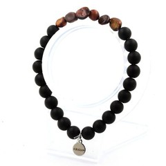 Red Tiger Eye Bracelet From Brazil + Matte Black Onyx Beads 8 Mm. Made In