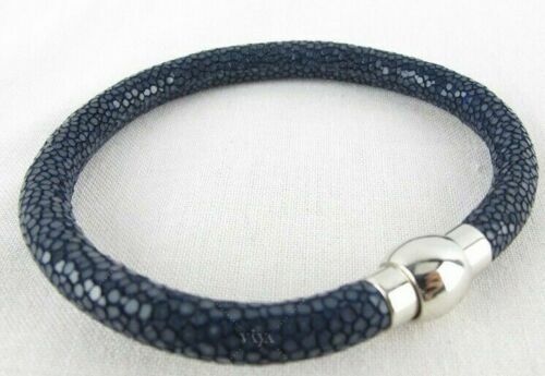 Genuine Polished Stingray Skin Cuff Bracelet Magnetic Lock BLACK