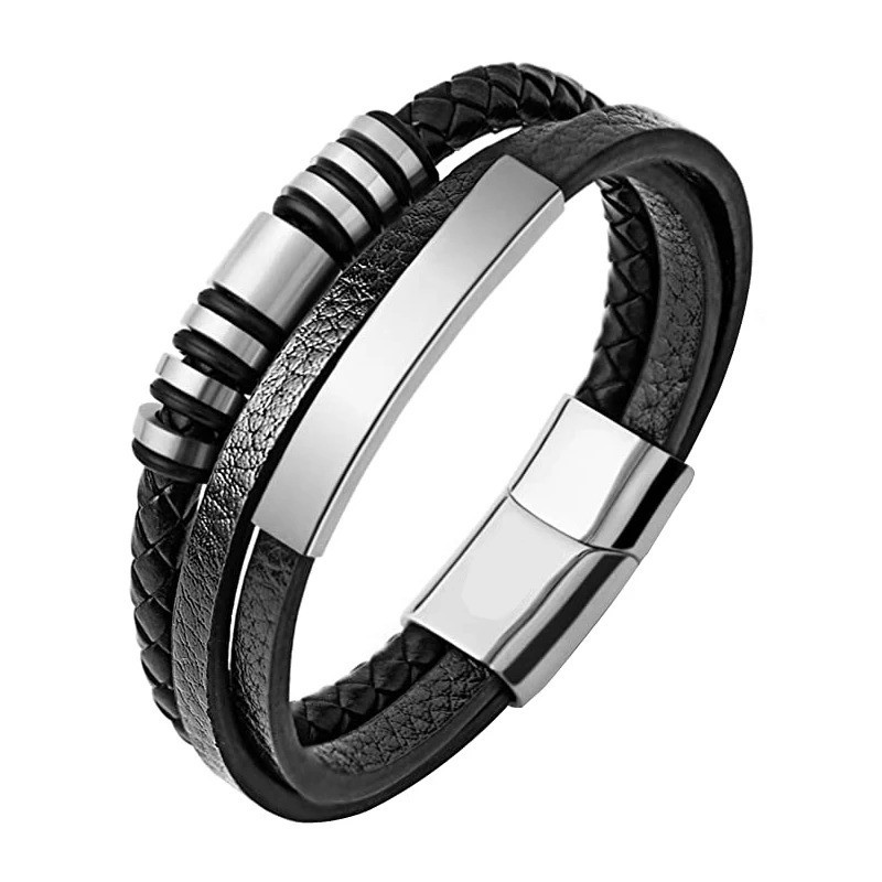 Mens Multilayer Leather Bracelet Stainless Steel Beads Jewelry Gift Band gallery
