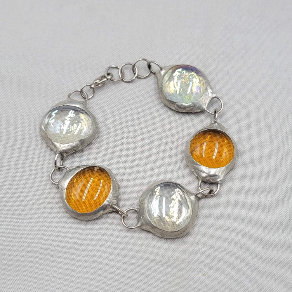 Handmade Glass Cabochon Orange Bracelet Silver tone Iridescent 7"