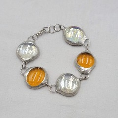 Handmade Glass Cabochon Orange Bracelet Silver tone Iridescent 7″