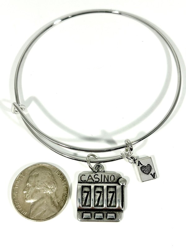 Casino 777 Slot Machine & Ace of Spades Card Gambling Silver Charm Bracelet gallery