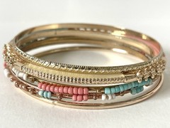 3” Gold/Coral Pink/Teal Aqua Bangle Bracelets, 8” in Diameter, 5PC, Set of 5