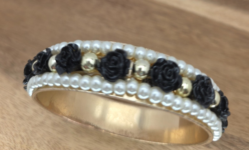 Black Rose Bangle Bracelet Vintage 90s Black White Gold Tone Floral Cuff gallery