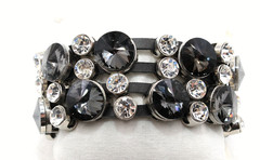 Rocker Chic Black Leather Silver Bezel Smoky Crystal Statement Bracelet 7 1/2″