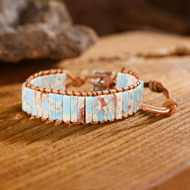 Natural Sea Sediment Jasper Bracelet Leather Wrap Boho Gemstone Flower Cuff gallery