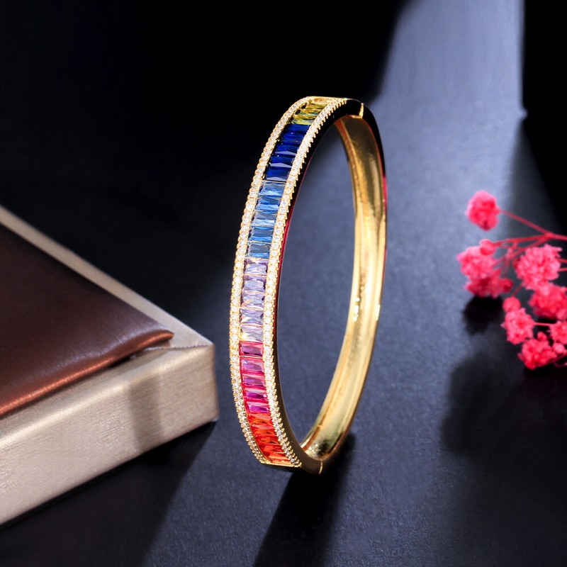 Women Gorgeous Gold Plated Rainbow Zircon Crystal Bangle Bracelet Bridal Jewelry gallery