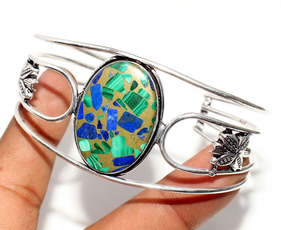 925 Silver Plated Huge Copper Malachite Lapis Lazuli Bangle Size 6.5" GW gallery
