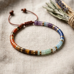 Multicolor Gemstone Heishi Bracelet Adjustable Macrame 7 Chakra Healing Boho