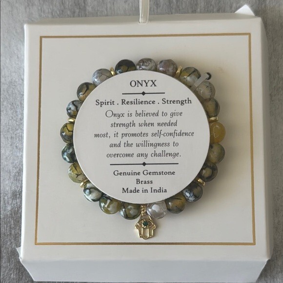 Shivam Onyx Green Gemstone Stretch Bracelet with Brass Hamsa Accent India NEWW gallery