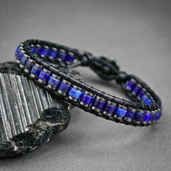 Natural Lapis Lazuli Bracelet Blue Crystal Hematite Leather Braided Bracelet