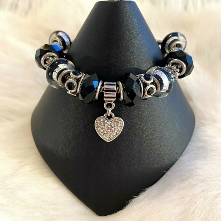 Gothic Black Glass Bracelet Witchy Rave Slide Charm Silver Tone Adjustable 7404 gallery