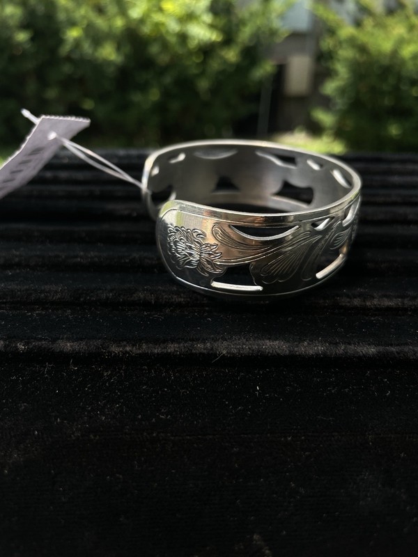 Kirk and Sons Pewter Floral Cutout Engraved Wide Cuff Bracelet Signed gallery