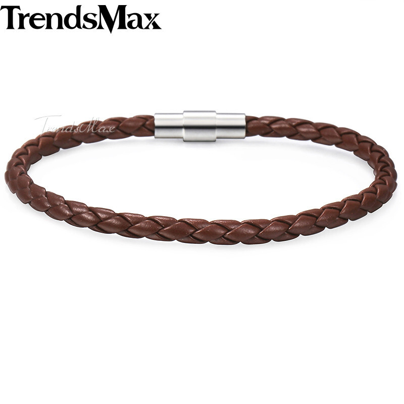 4mm Brown Man-made Braided Leather Rope Bracelet with Magnetic Clasp Wristband gallery