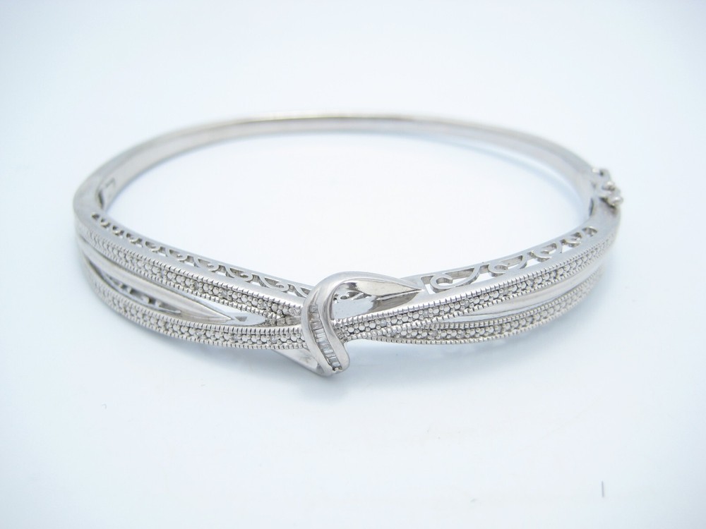SUN Sterling Silver 11mm Hinged Clear CZ Wave Cuff Bracelet