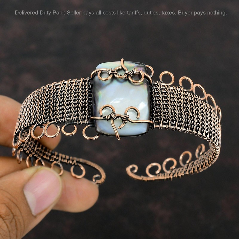 Black Mother Of Pearl Gemstone Copper Wedding Anniversary Wire Wrapped Bangle gallery