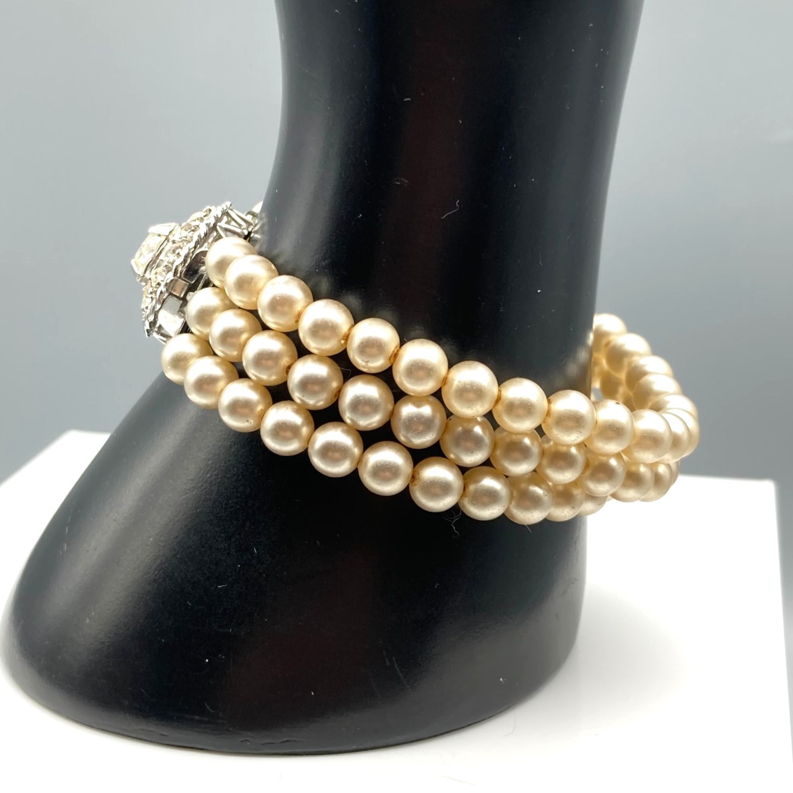 Triple Strand Elegant Glass Pearl Bracelet, Lustrous Multi Strand White gallery