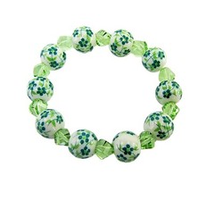 Green flower porcelain bead stretch bracelet with green glass beads NEW