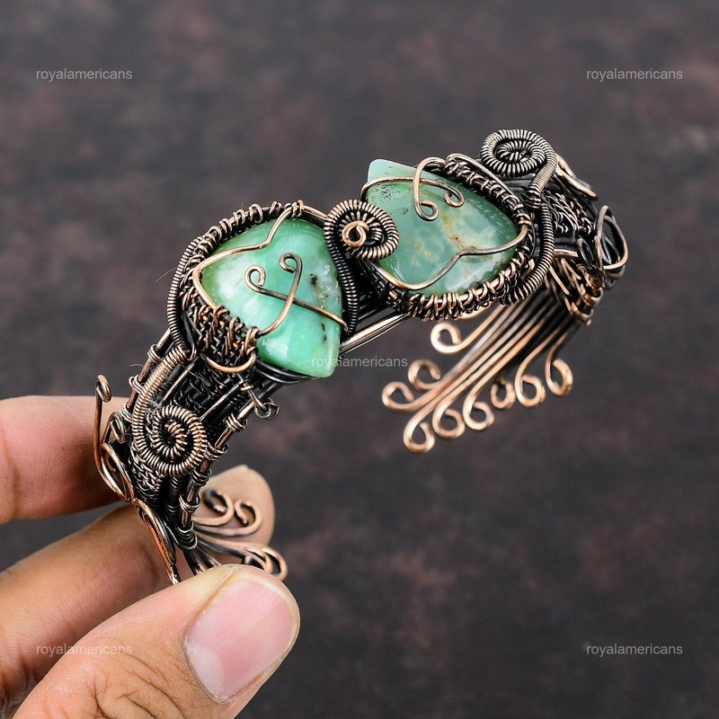 Gift For Her Chrysoprase Wire Wrapped Cuff Adjustable Bangle Copper Jewelry gallery