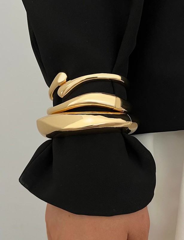 Chunky Gold Bangle Bracelets for Women Stackable Gold Plated Cuff Bracelet Set gallery