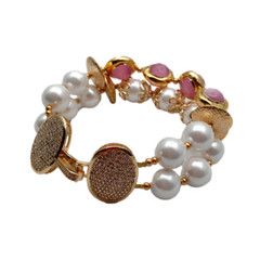 2 Rows White Sea Shell Pearl Pink Cat Eye Bracelet 8″ Girlfriend Gift