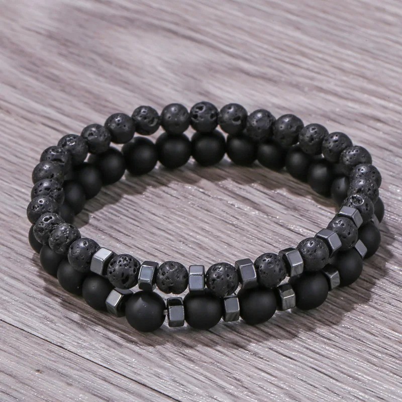 New In Frosted Black Bead Volcanic Stone Men’s Bracelet Set Double Layer Nature gallery
