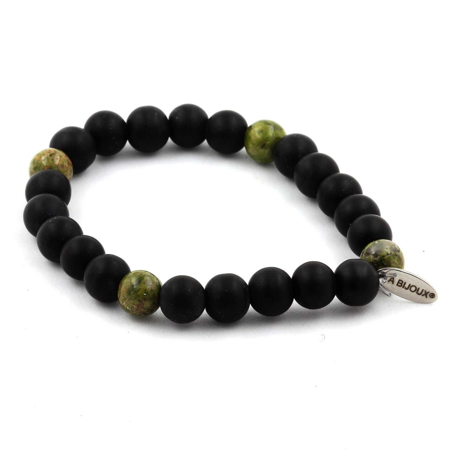 Matte Black Onyx Bead Bracelet + Unakite 8 Mm. Made In France. gallery
