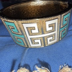 Gold Tone Hinged Bangle Bracelet Turquoise White Enamel Greek Key Design