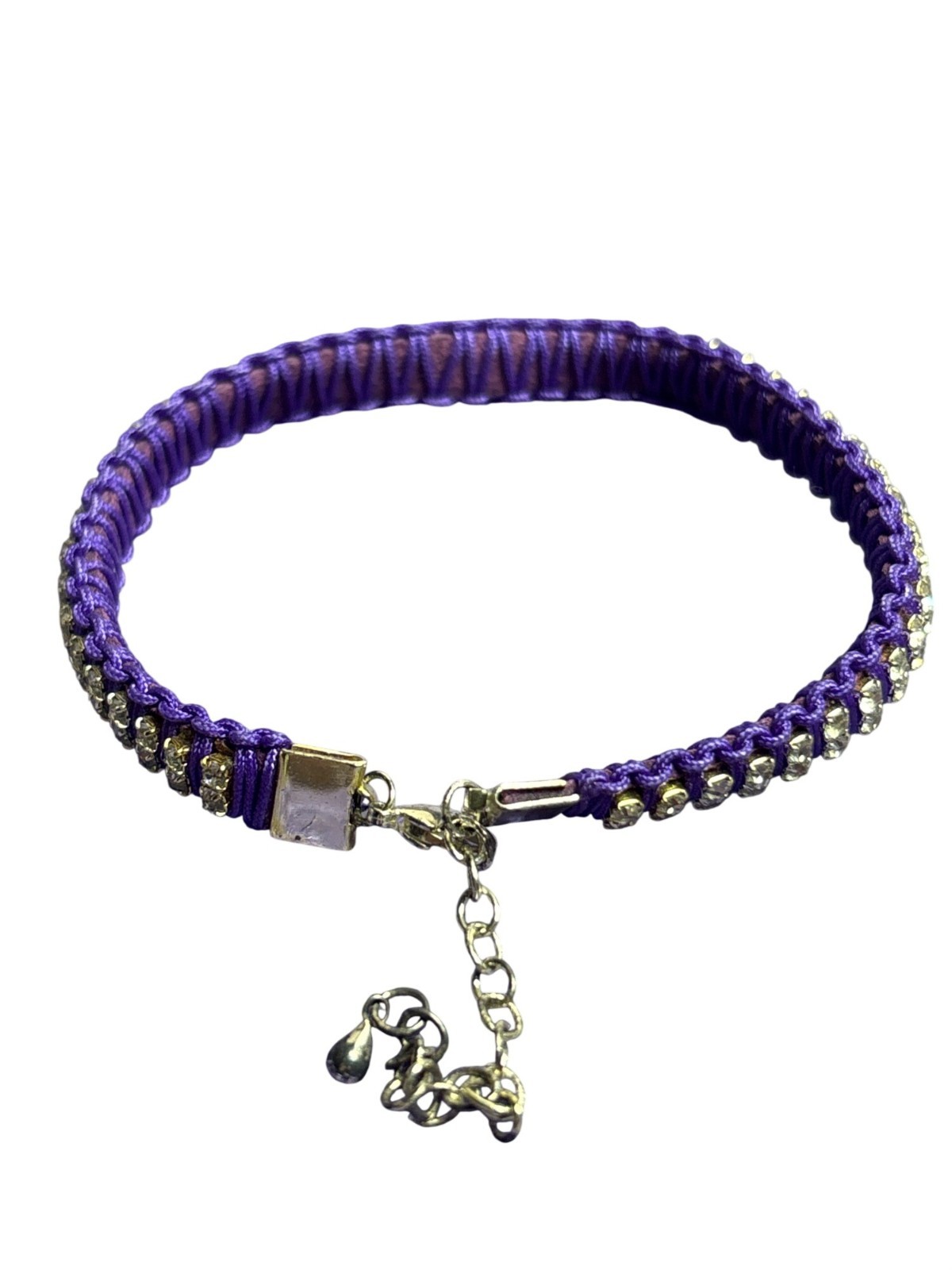 Purple Cord Clear Rhinestones Bracelet Silvertone 7 - 9 inches Long gallery