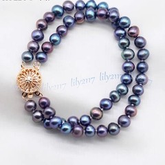 2 Rows 8-9mm Natural Rainbow Black Freshwater Baroque Pearl Beads Bracelet 7.5”