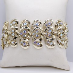 Vintage Aurora Borealis Rhinestone Goldtone Wide Openwork Womens 7.5″ Bracelet
