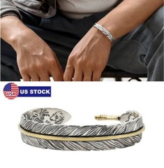 Men’s Silver Feather Adjustable Bangle Cuff Bracelet Fashion Retro Jewelry Gift