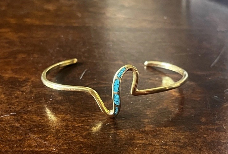 14K Gold PLATED Turquoise Inlay Wave Cuff Bracelet 4.9g Vintage Native gallery