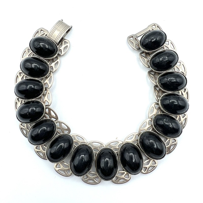 Vintage Black Glass Cabochons Book Chain Filigree Link Panel Bracelet gallery