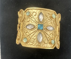 Vintage Gold Tone Wide Cuff Bracelet Blue & White Cabochon Stones Boho Statement