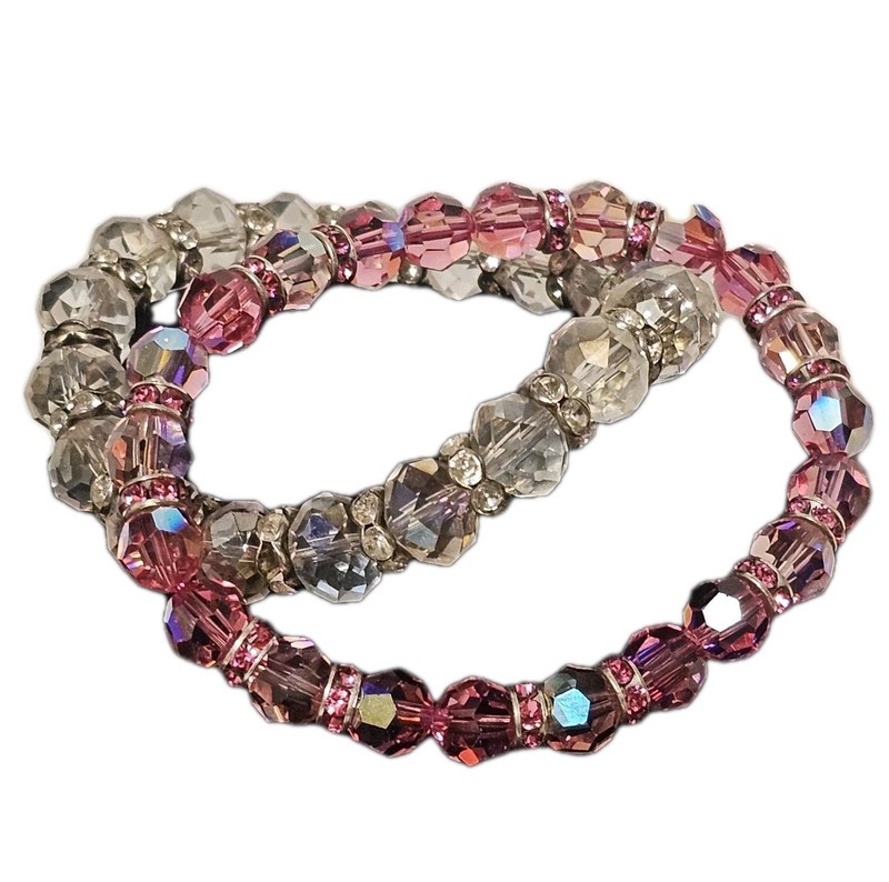 Pair of Crystal Cut Beads w/ Rhinestone Spacers Stretch Bracelet Pink & Clear gallery