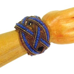 2″ Wide Blue Gold Handmade Statement Braided Seed Bead Bali Cuff Bracelet