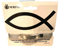 8” Unisex Christian Bracelet Jesus, Fish, Stainless Steel Mesh + Safety Clasp