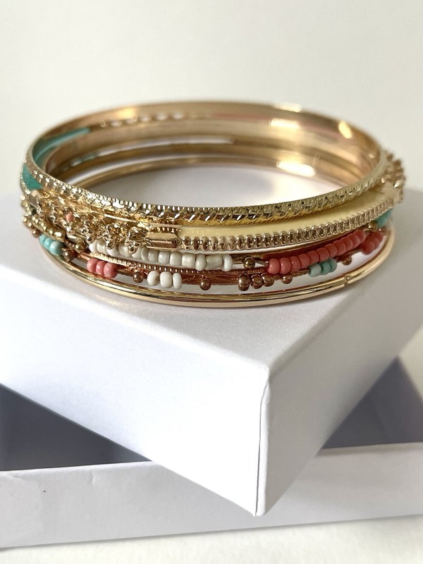 3” Gold/Coral Pink/Teal Aqua Bangle Bracelets, 8” in Diameter, 5PC, Set of 5 gallery