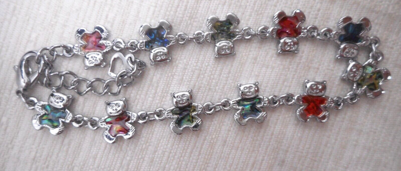 ABALONE Inlay Teddy Bear Bracelet Anklet Silver Tone Link Trendy Paula Shell 7.5 gallery