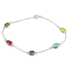 925 STERLING SILVER MULTI – COLOR CHAIN BRACELET W/ MULTI-COLOR GEMSTONES / 7”