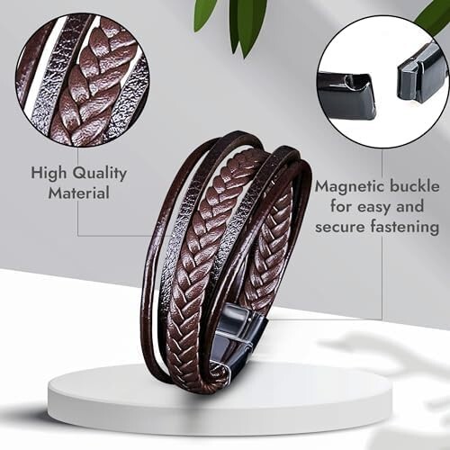 Mens Bracelet Multi-Layer Leather Braided Rope Magnetic Clasp Bracelet, Brown gallery