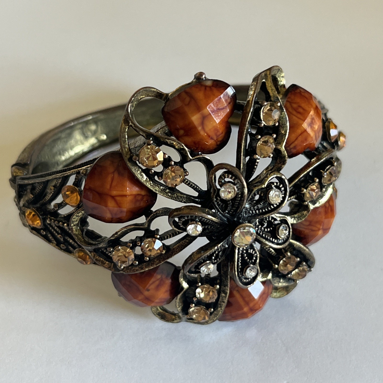 Antiqued Brass Tone Bracelet Multi Stone Jewel Hinged Cuff Boho gallery